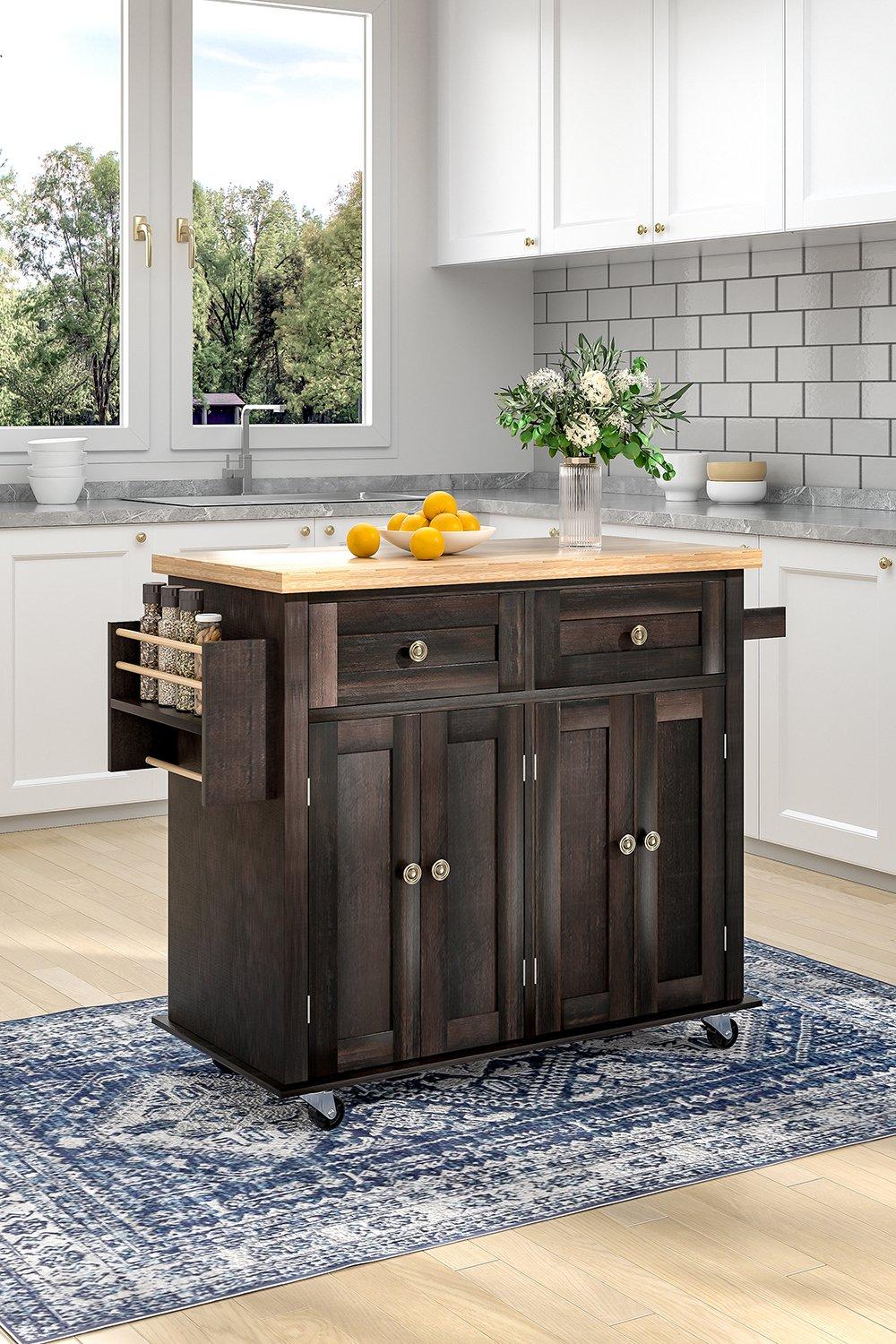 Modern Rolling Wooden Kitchen Island Cart with 2 Storage Cabinets , 2 Drawers & Side Rack